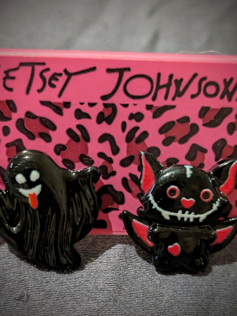 Betsey Johnson Black and Pink Halloween Ghost & Bat Stud Earrings